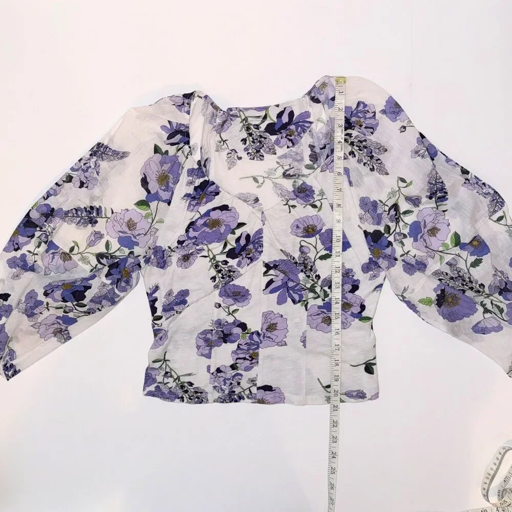 Anthropologie Purple White Floral Ruched Balloon Sleeve Top Cotton Knit Boho M